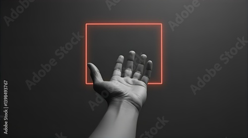 Reaching for the Light: 3D Render of Hand and Neon Square, Minimalist Abstract Art, Gray and Orange