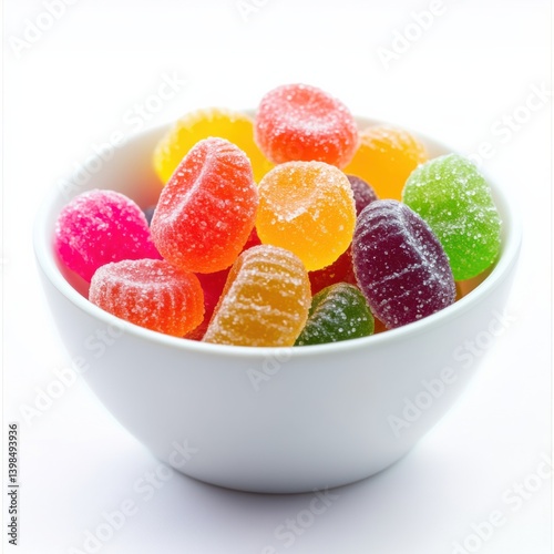Colorful fruit-flavored candy in white bowl