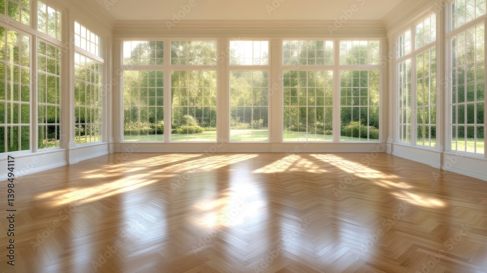 Fototapeta premium Spacious sun-drenched room with large windows overlooking a garden