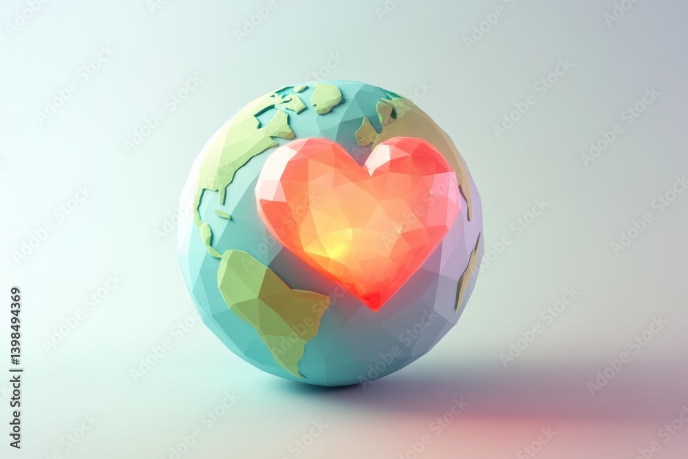 Low-poly Earth model with a glowing heart, symbolizing global love and care for our planet. Low-poly Earth model with a glowing heart, symbolizing global love and care for our planet.
