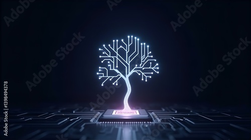 Glowing Circuit Board Tree: Futuristic Tech Art, Digital Nature, Neon Light, Abstract Design, Sci-Fi Illustration, Cyberpunk Aesthetic