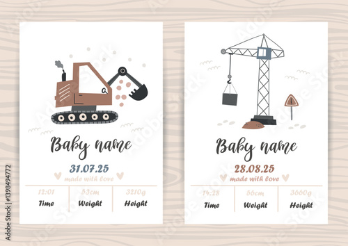 Vector set of invitation templates with cute crane and excavator.