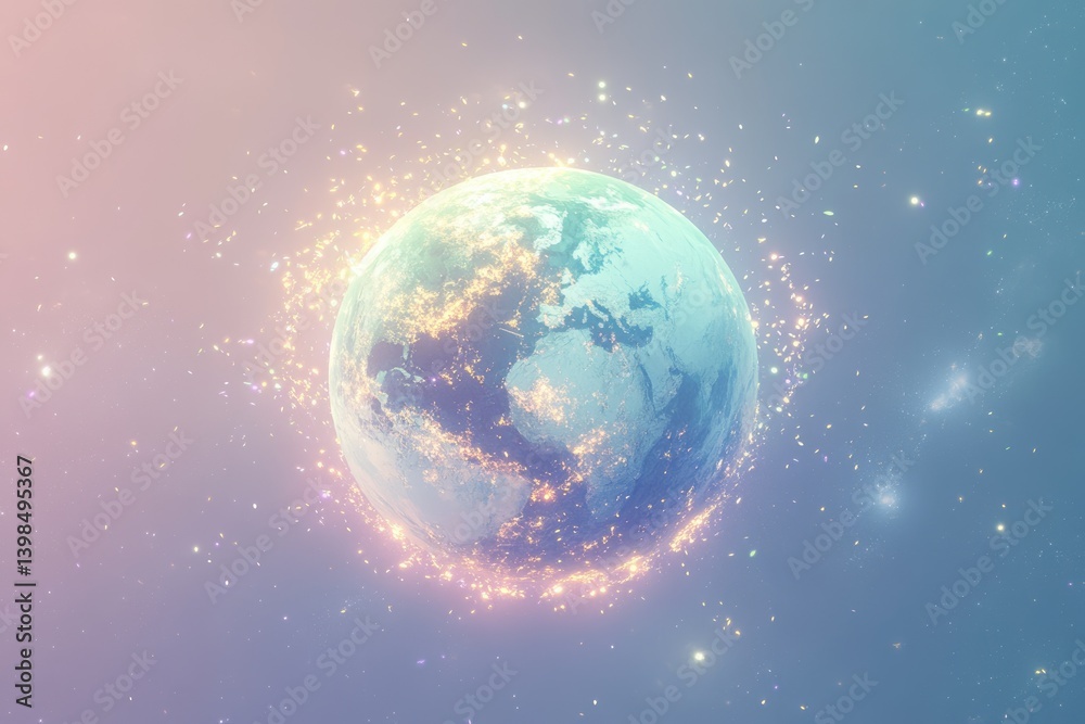 Fototapeta premium A vibrant, pastel-colored Earth glows with city lights, surrounded by sparkling particles in space.