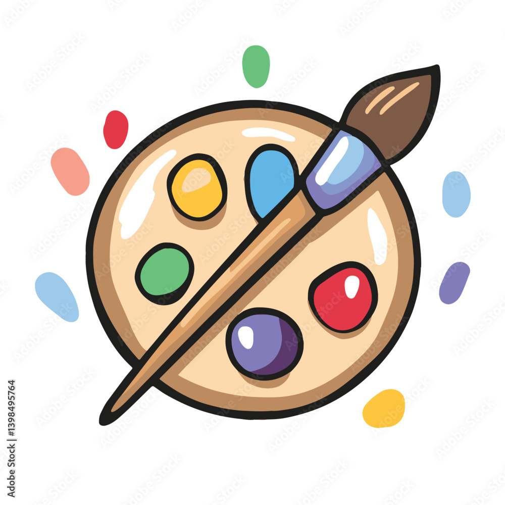 Fototapeta premium Simple cartoon art icon of an artists palette with paint brush