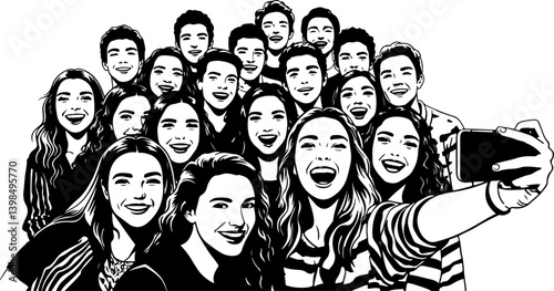 Cheerful crowd of young adults tightly packed together while posing for a selfie. Line drawing illustration