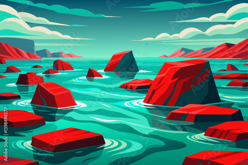 glowing stone in tropical sea with hyper saturated tones, calm sea with large and red stone slabs submerged beneath vibrant teal waves