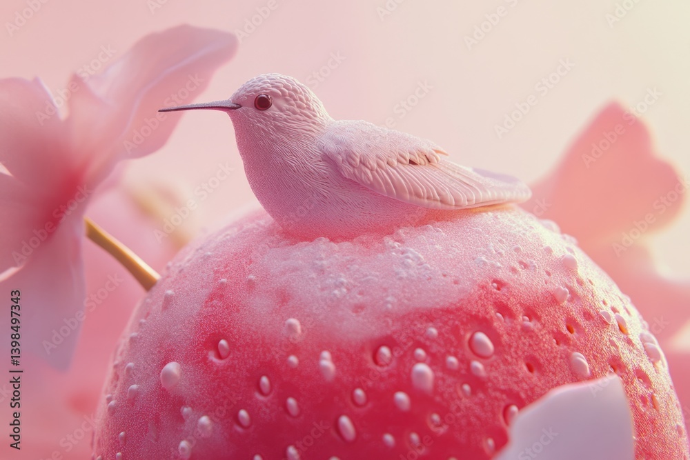 Fototapeta premium A delicate pink hummingbird rests on a textured, dew-kissed strawberry, amidst soft pink blossoms.