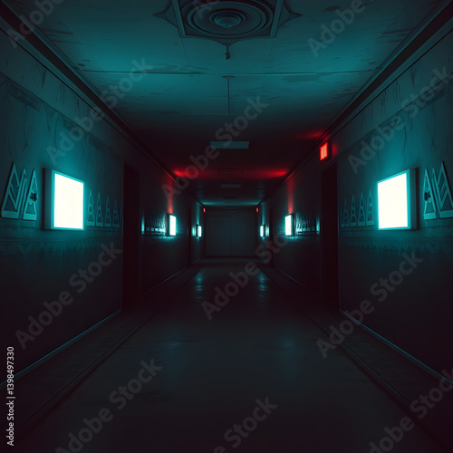 dark liminal space corridor, dystopian style, 3d render 