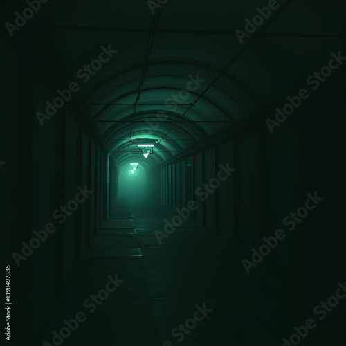 dark liminal space corridor, dystopian style, 3d render 