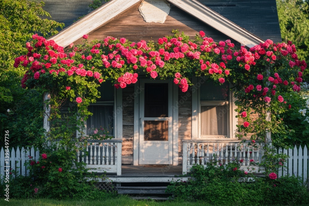 Fototapeta premium A charming rustic house adorned with vibrant pink climbing roses, creating a picturesque summer scene.
