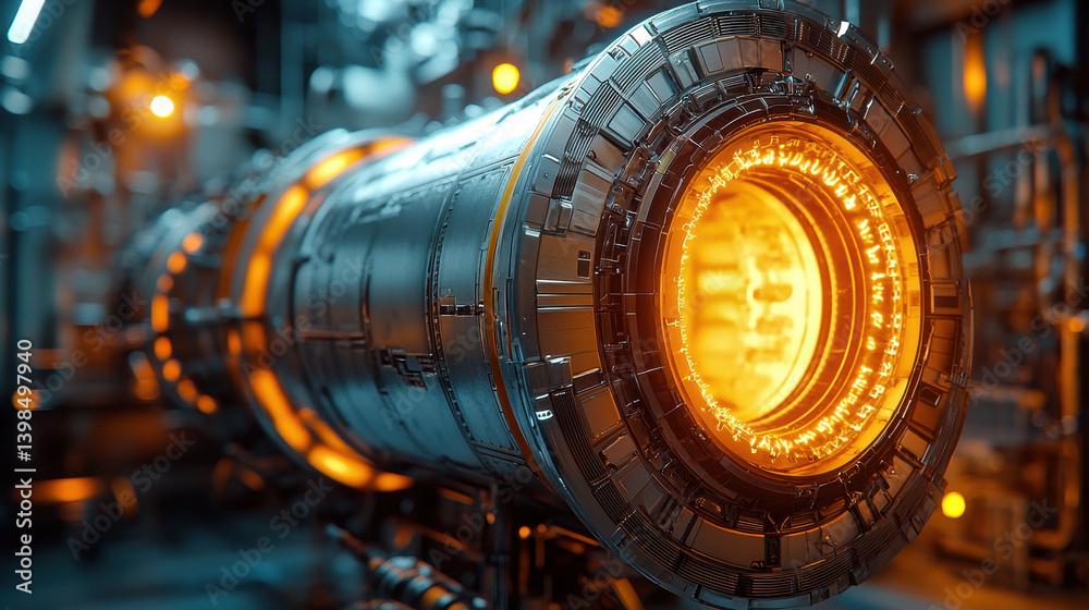 Next-generation rocket engine showcases futuristic design with glowing energy core in a high-tech aerospace lab Next-generation rocket engine showcases futuristic design with glowing energy core in a high-tech aerospace lab