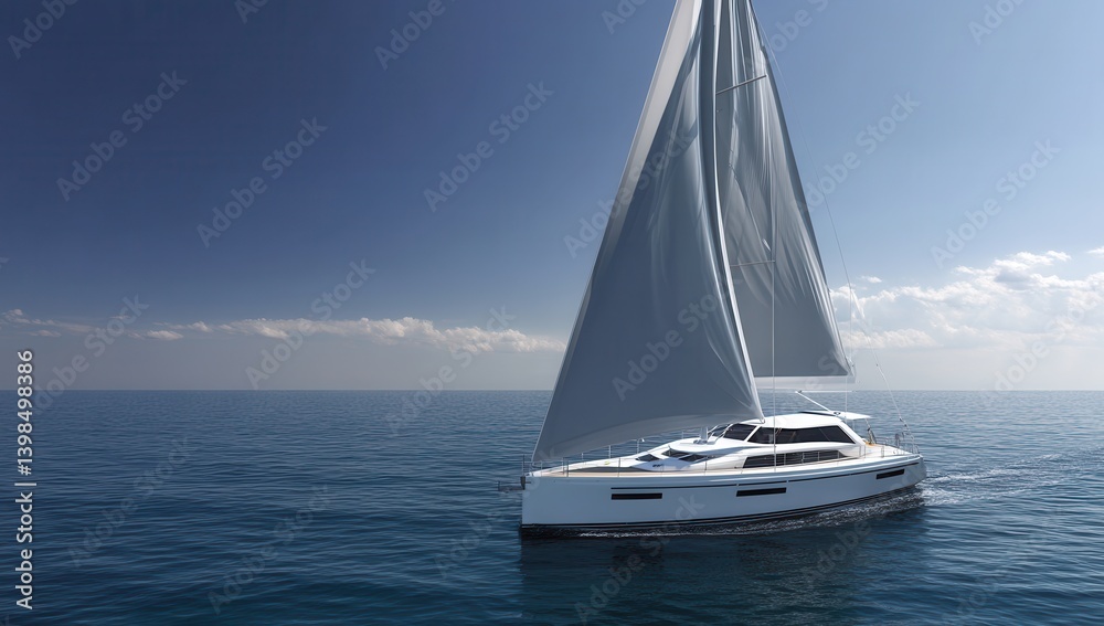 Fototapeta premium A luxurious white sailboat glides under clear blue skies on calm ocean waters.