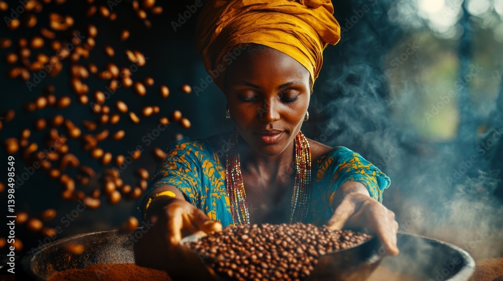 A joyful moment in coffee preparation. The woman skillfully showcases freshly harvested coffee beans. Embrace the beauty of tradition and culture. Generative AI