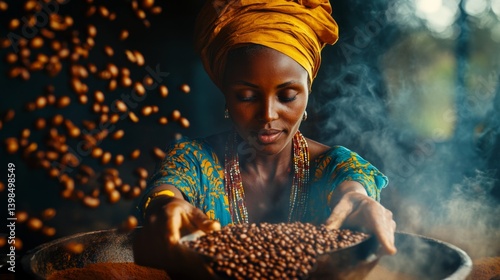 A joyful moment in coffee preparation. The woman skillfully showcases freshly harvested coffee beans. Embrace the beauty of tradition and culture. Generative AI