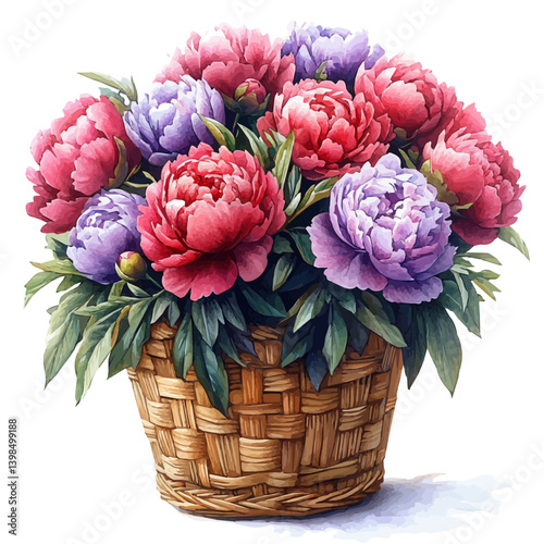 Peony bouquet in a basket, watercolor illustration, isolated on a white background.

