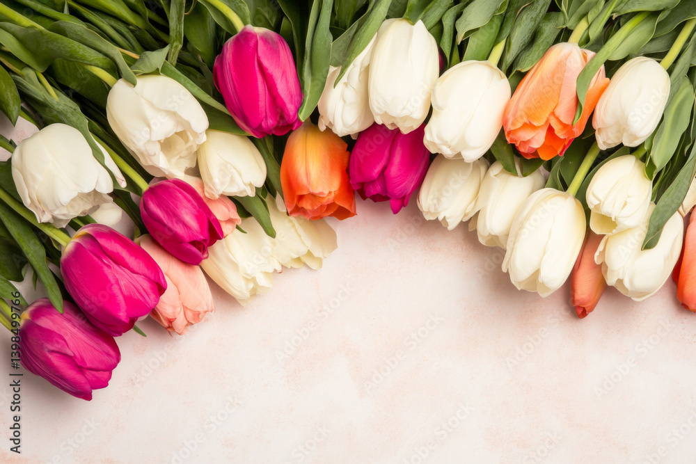 Fototapeta premium Spring holiday postcard with colorful tulips and copy space, perfect for background