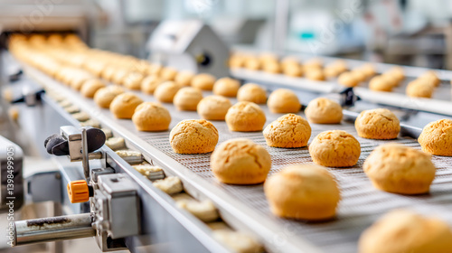 Automated conveyor belt system for cakes in a commercial baking process at a confectionery or pastry production factory--industrial food manufacturing of cookies, sweet bread, and other baked goods.