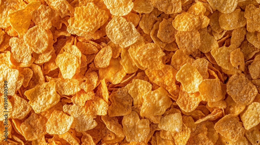 Crunchy cornflakes spread across a surface, highlighting their golden texture and crispiness in a vibrant display of breakfast cereal Crunchy cornflakes spread across a surface, highlighting their golden texture and crispiness in a vibrant display of breakfast cereal