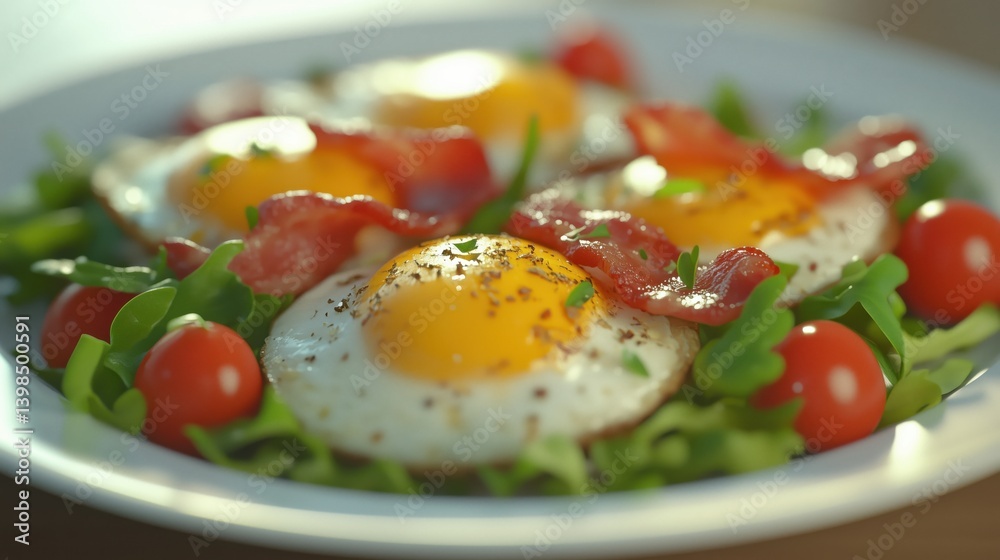 Delicious breakfast plate featuring sunny side up eggs, crispy bacon, fresh greens, and cherry tomatoes on a sunny morning Delicious breakfast plate featuring sunny side up eggs, crispy bacon, fresh greens, and cherry tomatoes on a sunny morning