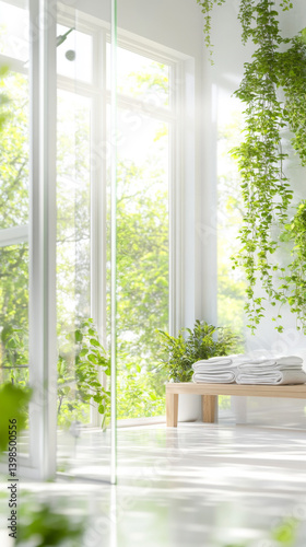 Modern bathroom interior with large window and greenery, ideal for background