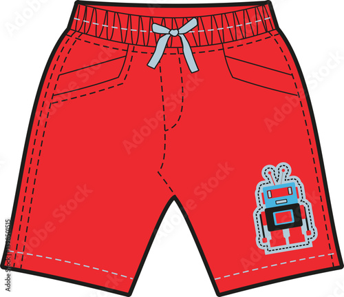 Red shorts for boys with robot cartoon design