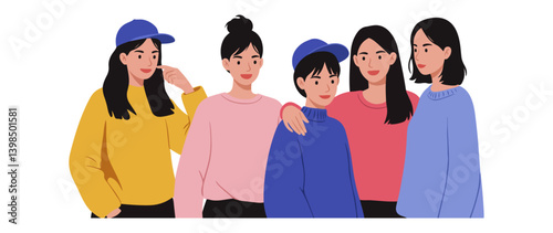 Five young friends standing closely together with smiling and wearing casual clothing. Flat vector illustration