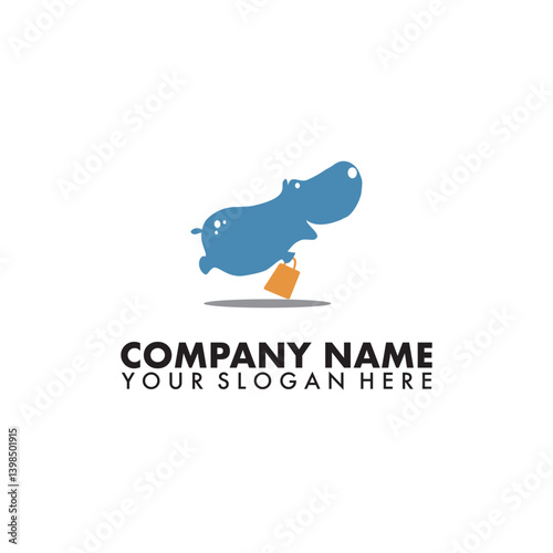 Hippo vector logo floating happily carrying shopping bags easy to edit