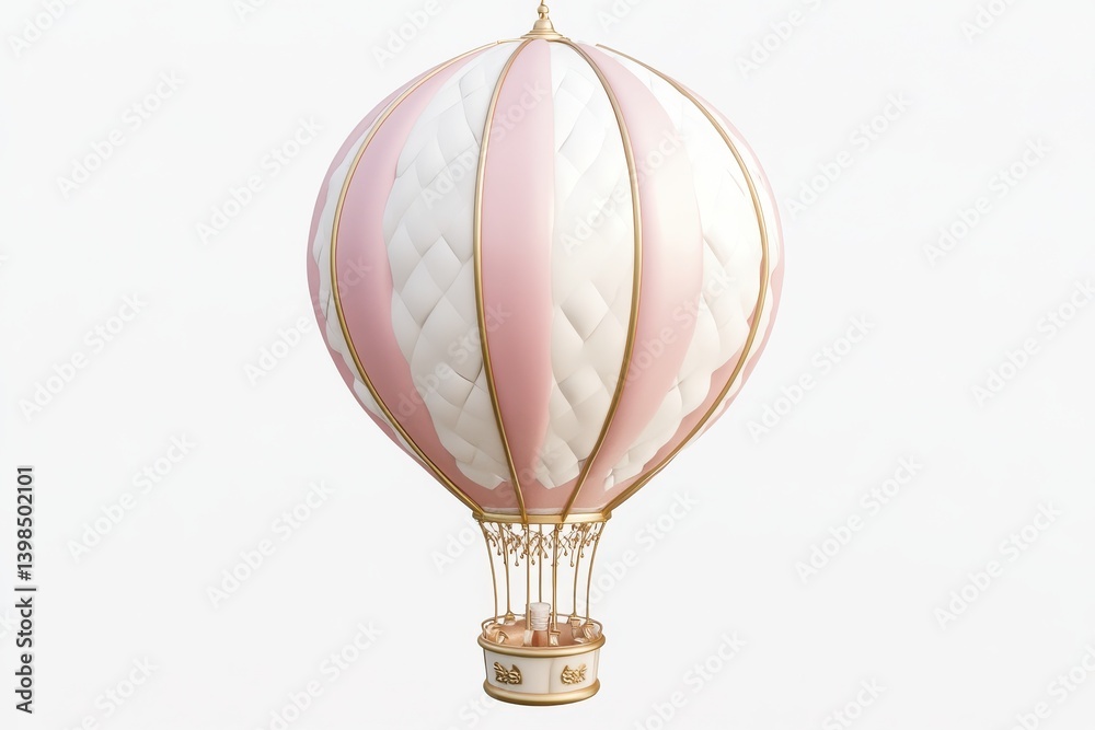 Obraz premium 3D pink and white hot air balloon with intricate gold detailing, creating a whimsical and vintage aesthetic. Elegant and dreamy design, perfect for themes of travel, adventure, and fantasy.