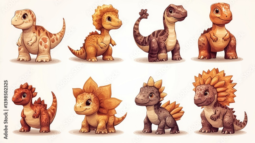Fototapeta premium Adorable Baby Dinosaurs Collection: Eight Cute Prehistoric Creatures
