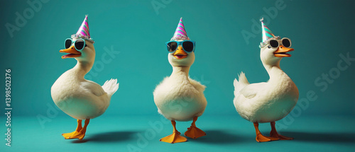 Happy Birthday, carnival, New Year's eve, sylvester or other festive celebration, funny animals card - gooses with party hat and sunglasses, blue background