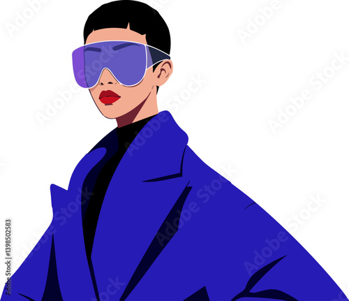 Person with short hair, wearing oversized purple sunglasses, black turtleneck and vibrant blue coat on transparent background. Flat vector illustration