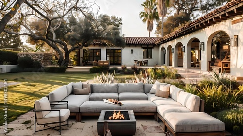 A beautiful Spanish style home with modern outdoor seating around a fire pit, in the backyard of a California mansion, Generative AI illustrations.