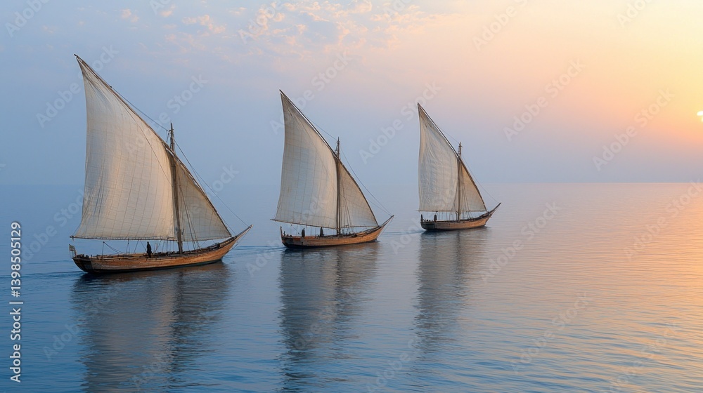 Fototapeta premium Three Dhows Sailing at Sunset: A Serene Arabian Sea Scene
