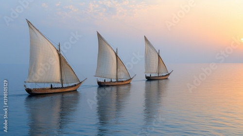 Three Dhows Sailing at Sunset: A Serene Arabian Sea Scene