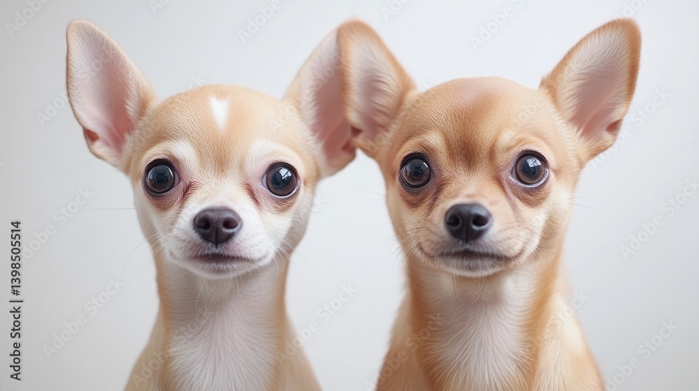 Obraz premium Two adorable Chihuahua dogs facing forward. Close-up portrait of two small, light-brown dogs with large, expressive eyes. Friendly, playful, and charming