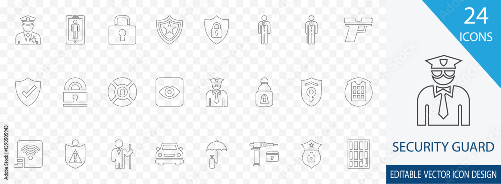 Fototapeta premium Security Guard editable line icon set. containing officer, isolated, professional, uniform, Protection, Safety, Patrol and more thin icon collection 
