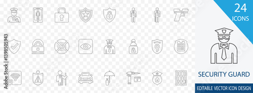 Security Guard editable line icon set. containing officer, isolated, professional, uniform,  Protection, Safety, Patrol  and more thin icon collection    
