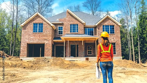 Woman inspects new brick house construction