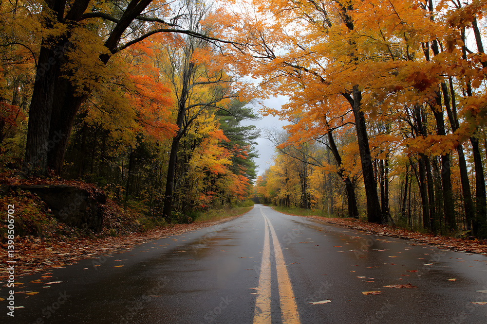 Obraz premium Scenic Open Road Through Autumn Forest of Orange Foliage