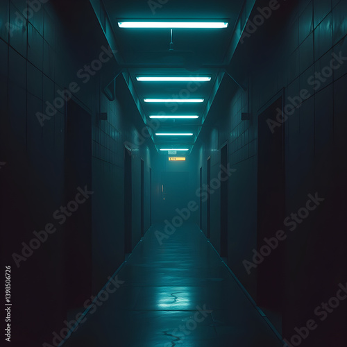 dark liminal space corridor, dystopian style, 3d render 