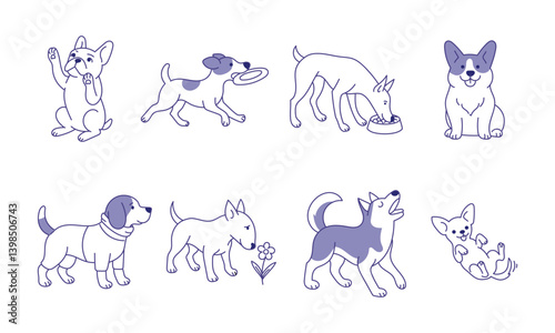 Cute Hand Drawn Dogs in Various Playful Poses in line art