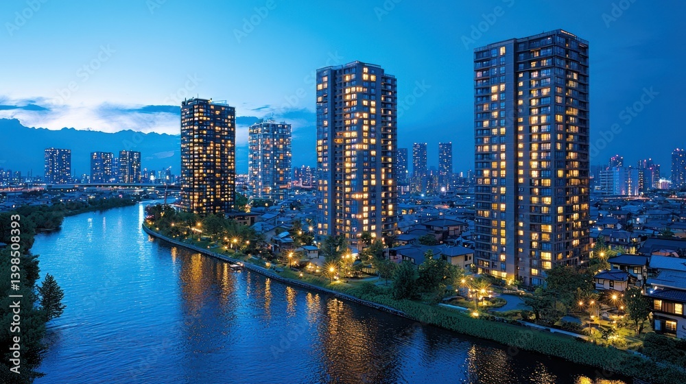 Naklejka premium Serene Twilight: Skyscrapers Reflecting on a Calm River in Japan