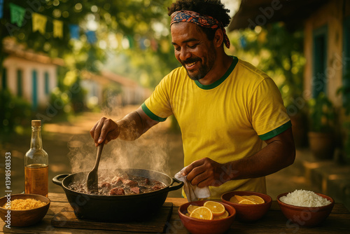 Authentic Brazilian Cuisine. Experience the rustic and flavorful dishes of a Brazilian chef cooking traditional food, including feijoada. Gastronomy and culinary concept. 