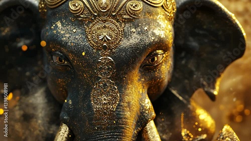 Detailed close-up of Lord Ganesha’s face, often seen during Ganesh Chaturthi celebrations.
