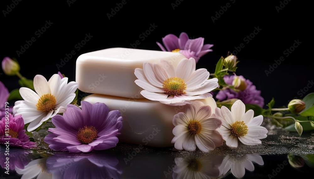 Fototapeta premium Soap and flowers on a black background