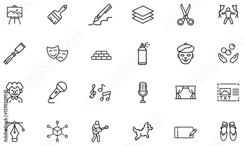 Outline icon collection illustrating 24 different types of art: traditional, digital, cultural, and performance. Perfect for art education, museums, apps, and design.