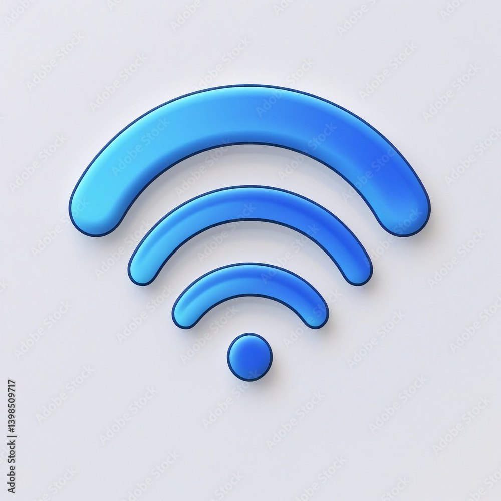 A glossy, three-tiered blue arc emanating from a solid blue circle, commonly recognized as the Wi-Fi symbol, set against a soft, gradient white background.
A glossy, three-tiered blue arc emanating from a solid blue circle, commonly recognized as the Wi-Fi symbol, set against a soft, gradient white background.