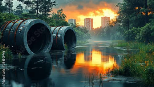 Large storm drain pipes empty into a forest stream, reflecting a distant city skyline during a vibrant sunset.
 photo