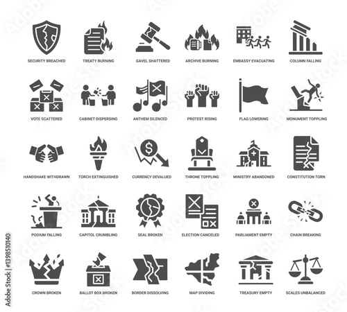 government collapse icons depicting security breaches treaty burning scattered votes abandoned ministries, Lowering Rising Protest Flag