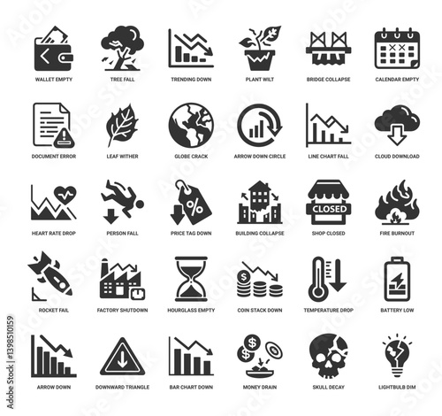 collection decline metaphor symbol icons forms reduction failure, risk issue problem crisis